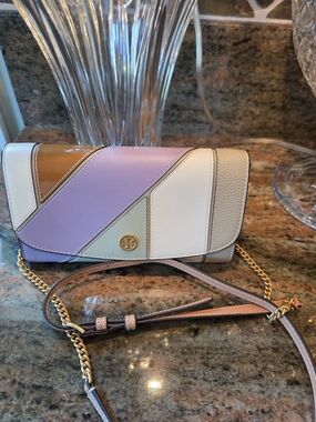 Tory Burch Colorblock Leather Crossbody In Lavender, Brown, Green, White & Tan